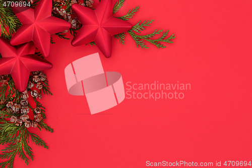Image of Christmas Background Border with Cedar and Red Star Baubles
