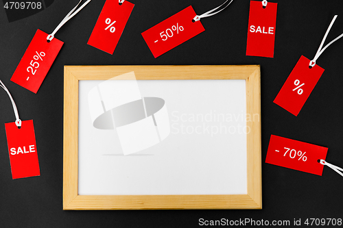 Image of white board and red tags with discount signs