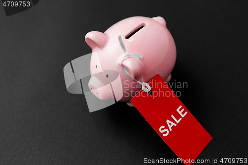 Image of piggy bank with red sale tag on black