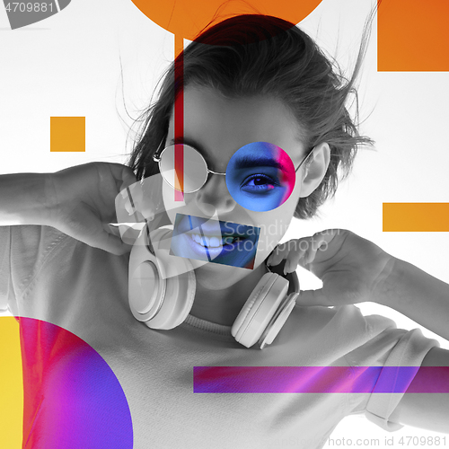 Image of Young woman\'s portrait made of different pieces of faces, modern art collage. New vision of beauty and fashion, make up, hairstyle.