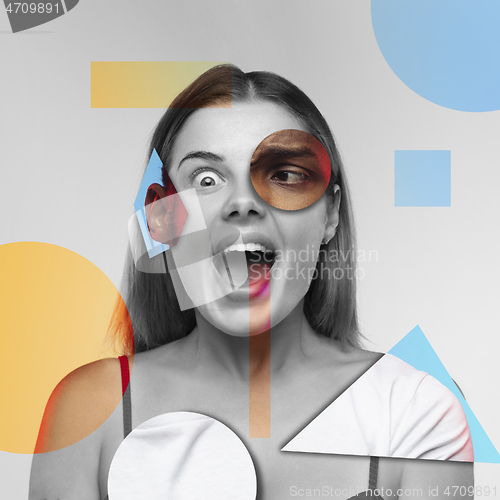 Image of Young woman\'s portrait made of different pieces of faces, modern art collage. New vision of beauty and fashion, make up, hairstyle.