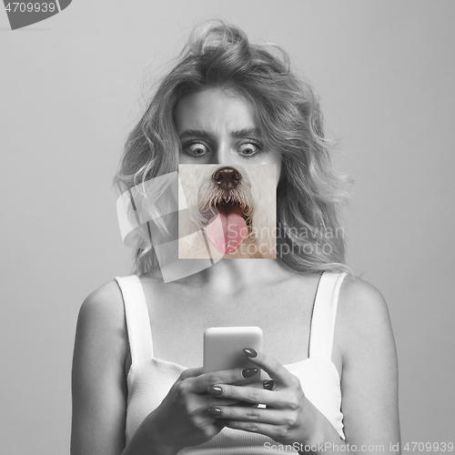 Image of Contemporary artwork collage concept. Portrait of woman with pet\'s tongue sticked out, bw style