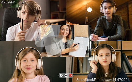 Image of Group of kids, class studying by group video call, use video conference with each other and teacher