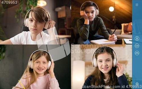 Image of Group of kids, class studying by group video call, use video conference with each other