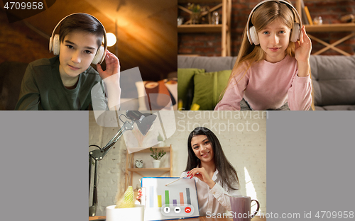 Image of Group of kids, class studying by group video call, use video conference with each other and teacher