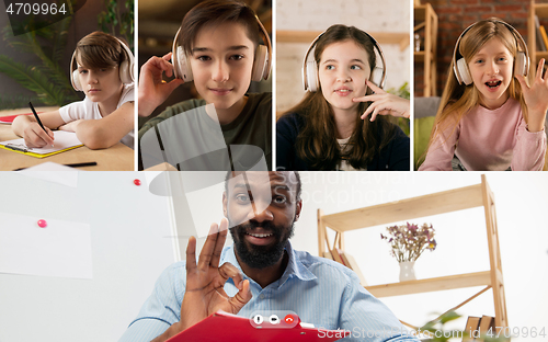 Image of Group of kids, class studying by group video call, use video conference with each other and teacher