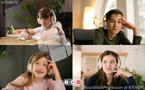 Image of Group of kids, class studying by group video call, use video conference with each other