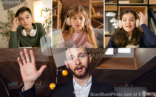 Image of Group of kids, class studying by group video call, use video conference with each other and teacher