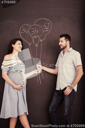 Image of pregnant couple drawing their imaginations on chalk board