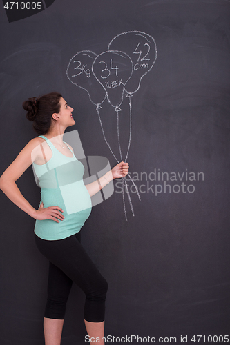 Image of Portrait of pregnant woman in front of black chalkboard