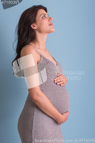 Image of Portrait of pregnant woman over blue background