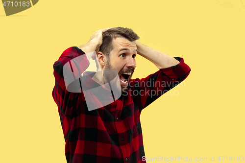 Image of Half-length close up portrait of young man on yellow background.