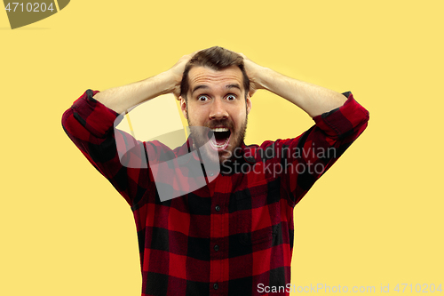 Image of Half-length close up portrait of young man on yellow background.