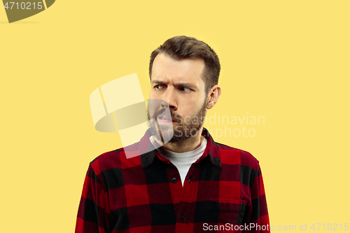 Image of Half-length close up portrait of young man on yellow background.