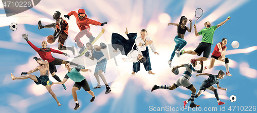 Image of Sport collage about athletes or players. The tennis, running, badminton, volleyball.