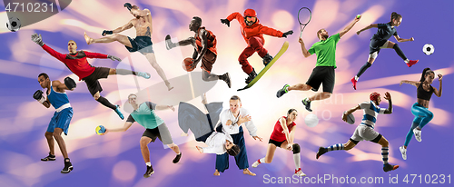 Image of Sport collage about athletes or players. The tennis, running, badminton, volleyball.