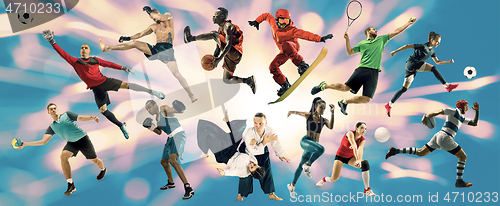 Image of Sport collage about athletes or players. The tennis, running, badminton, volleyball.