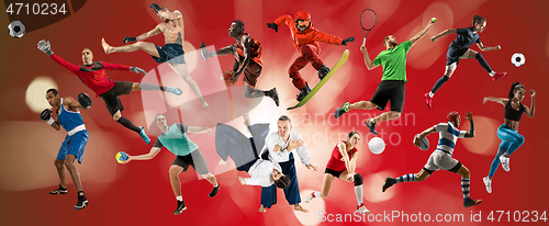 Image of Sport collage about athletes or players. The tennis, running, badminton, volleyball.