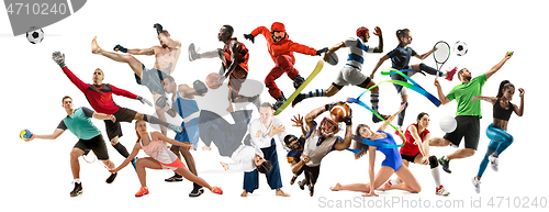 Image of Sport collage about athletes or players. The tennis, running, badminton, volleyball.