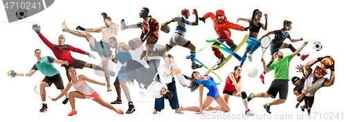 Image of Sport collage about athletes or players. The tennis, running, badminton, volleyball.