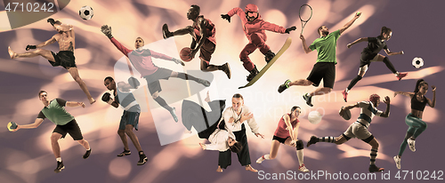 Image of Sport collage about athletes or players. The tennis, running, badminton, volleyball.