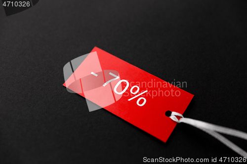 Image of red tags with discount signs on black background