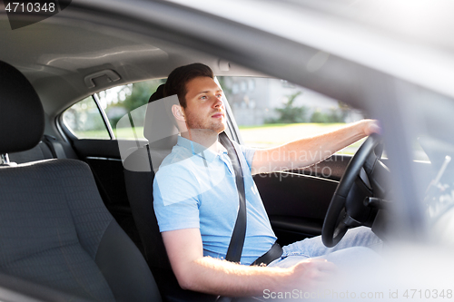 Image of man or driver driving car in summer