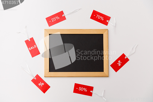 Image of chalk board and red tags with discount signs