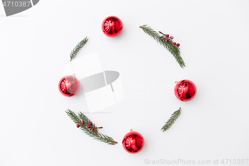 Image of christmas frame of fir branches with red balls