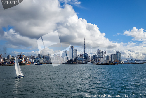 Image of Auckland view from the sea and sailing ship, New Zealand