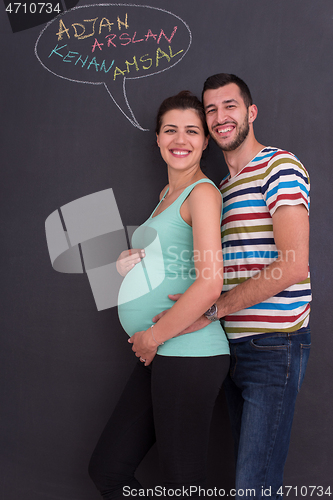 Image of pregnant couple writing on a black chalkboard