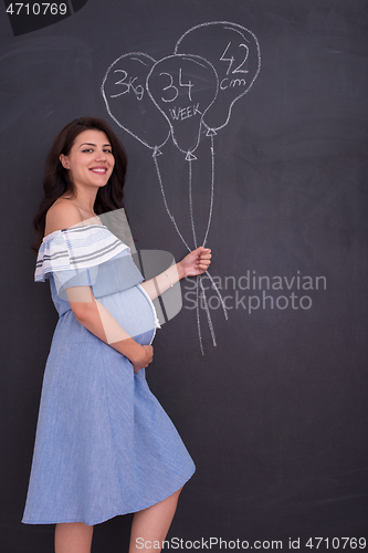 Image of Portrait of pregnant woman in front of black chalkboard