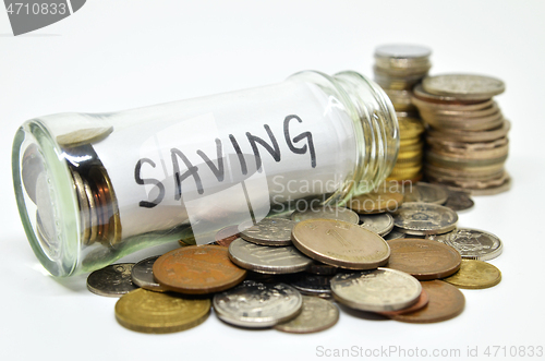 Image of Saving lable in a glass jar with coins spilling out