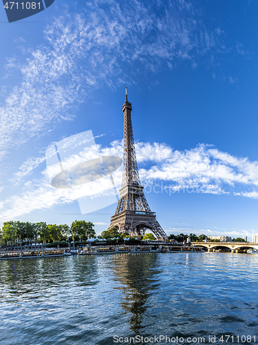 Image of Panorama of the Eiffel Tower and riverside of the Seine in Paris