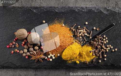 Image of various spices on black plate