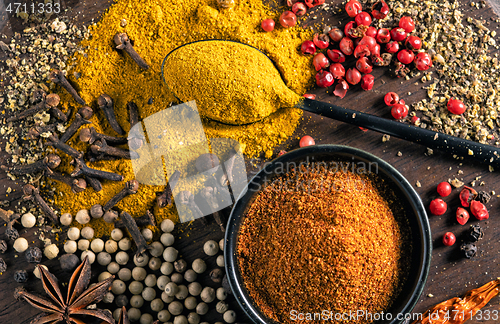 Image of various spices on wooden table