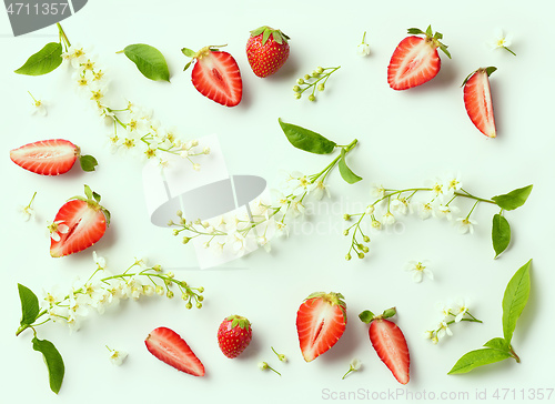 Image of blooming bird cherry and strawberries