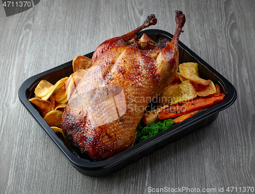 Image of duck roast on grey table