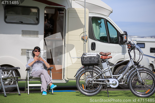 Image of Family vacation travel RV, holiday trip in motorhome