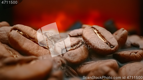 Image of Close up of seeds of coffee. Fragrant coffee beans are roasted s