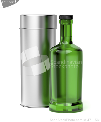 Image of Green glass bottle and metal box