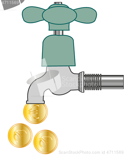 Image of Faucet with falling coin on white background is insulated