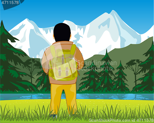 Image of Man travellier beautiful landscape admires with rucksack