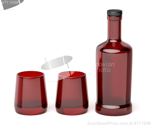 Image of Red glass bottle and two glasses