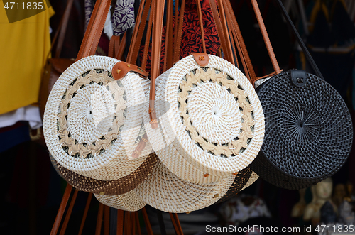 Image of Balinese handmade rattan eco bags in a local souvenir market