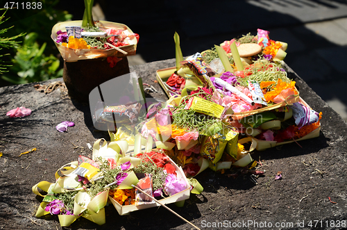 Image of Traditional balinese offerings to gods in Bali 