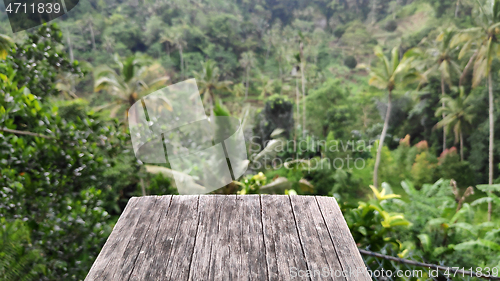 Image of Wooden front with Balinese blurred jungle 