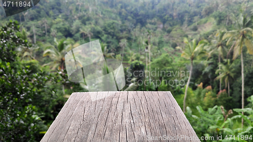 Image of Wooden front with Balinese blurred jungle