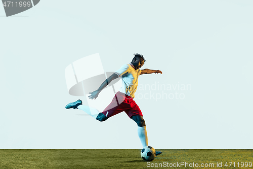 Image of Male soccer player kicking ball isolated on white background