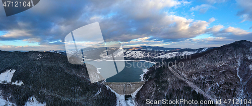 Image of Aerial view of energy dam in winter